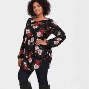LIKE NEW! TORRID BLACK FLORAL GAUZE BABYDOLL TUNIC TOP SIZE 1X